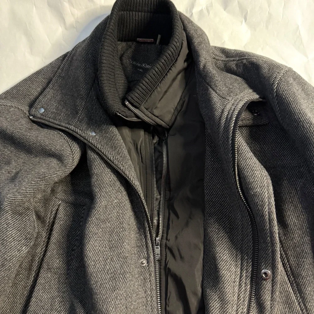 Calvin‎ Klein Mens Charcoal Gray Ribbed Wool Zip Quilted Barn Chore Coat XL